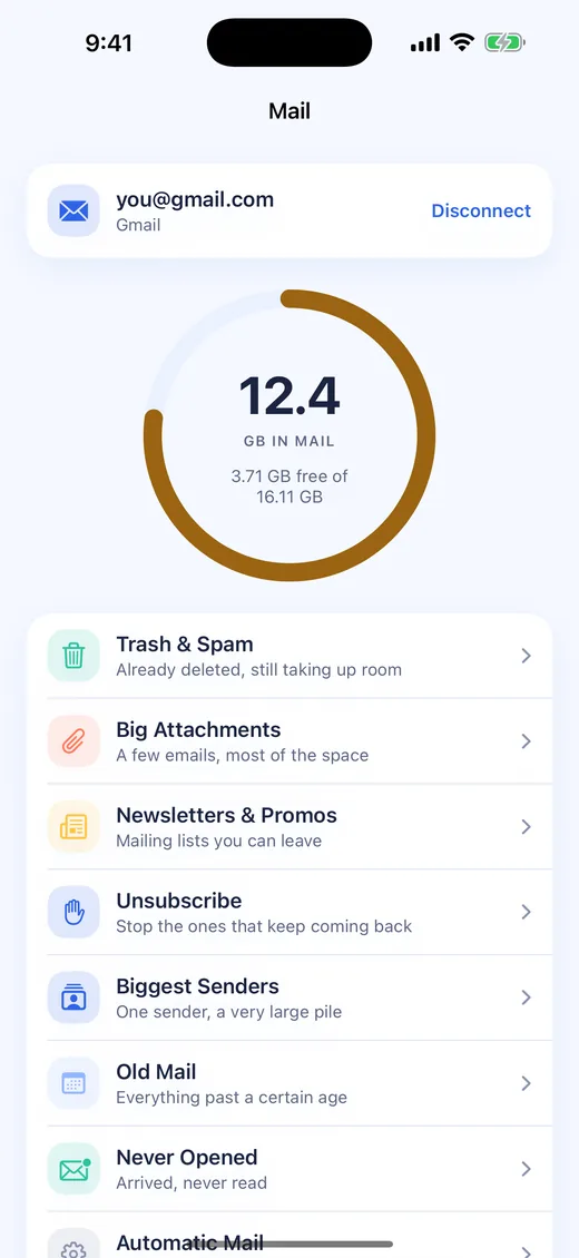 Klyn mail cleanup screen