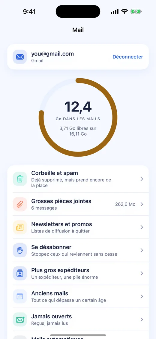 Écran de nettoyage des e-mails de Klyn